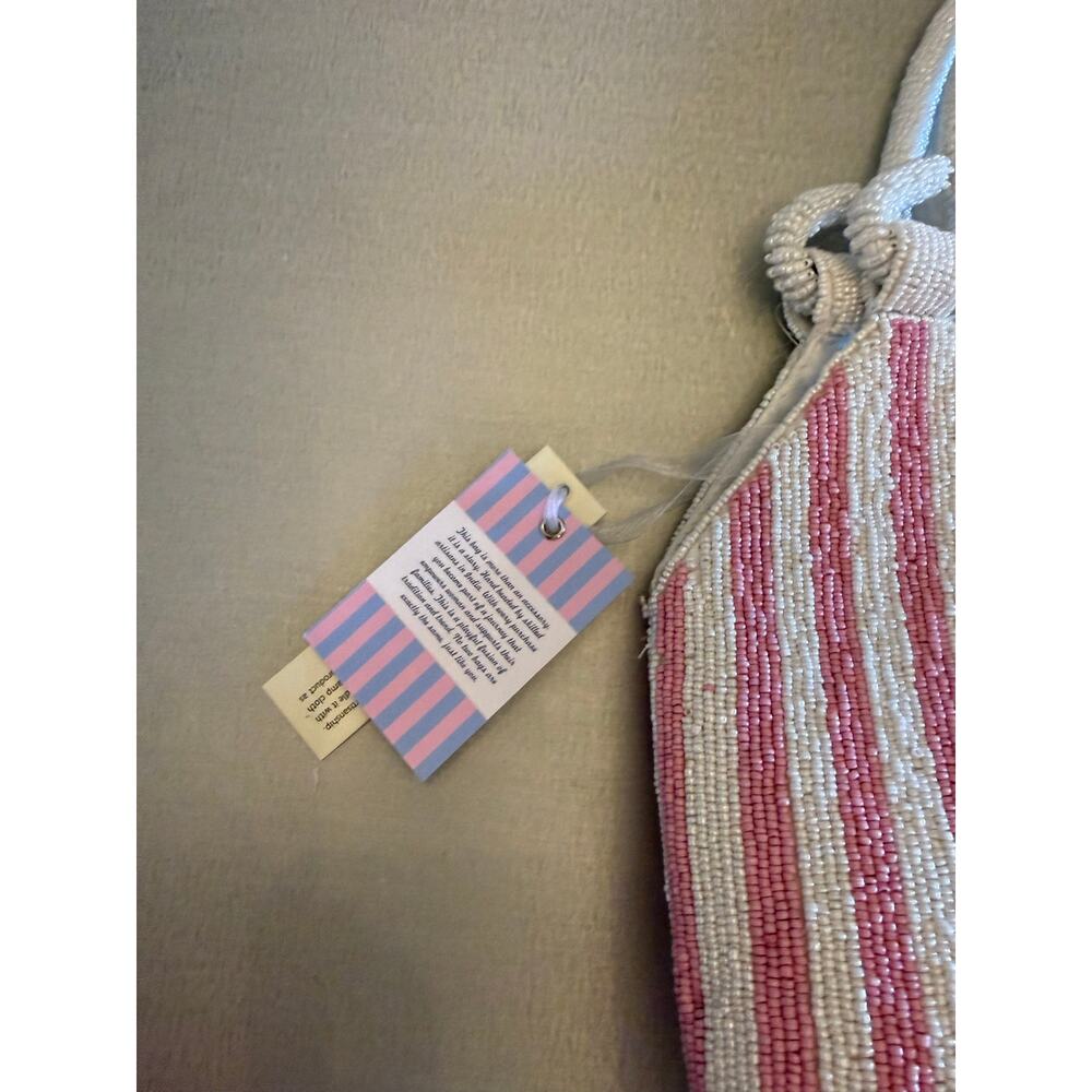 NWT Viral Handcrafted In India Beaded Pink White Striped Tote Cocktail Bag - Picture 8 of 11